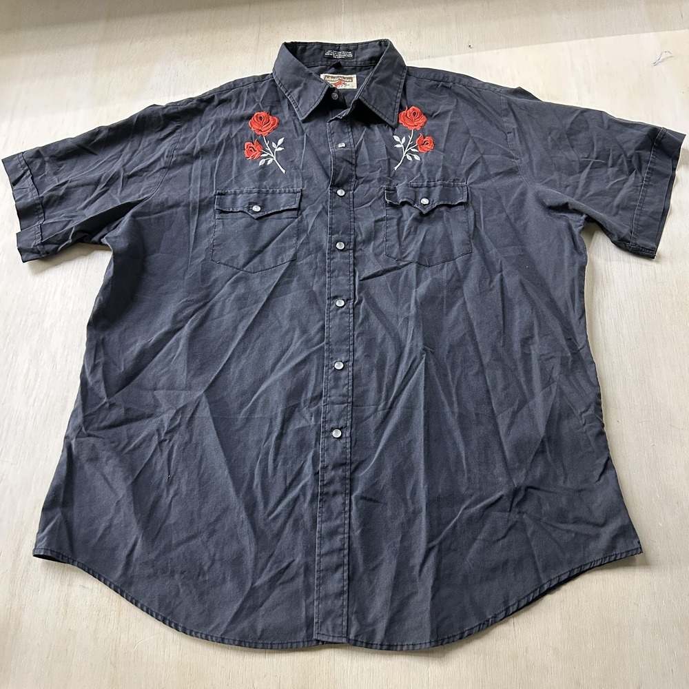 Vintage Youngbloods Shirt Mens XL Black Western Rose Short Sleeve Pearl Snap